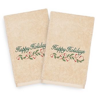 Linum Home Textiles Christmas 2-pack Happy Holidays Embroidered Luxury Turkish Cotton Hand Towels