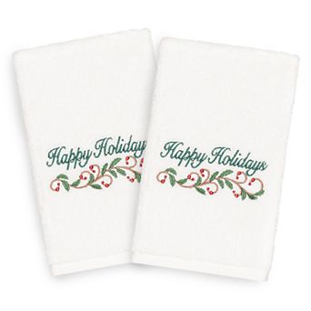 Linum Home Textiles Christmas 2-pack Happy Holidays Embroidered Luxury Turkish Cotton Hand Towels