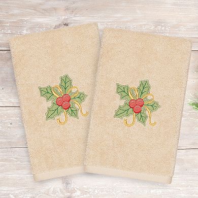 Linum Home Textiles Christmas 2-pack Holly Bunch Embroidered Luxury Turkish Cotton Hand Towels