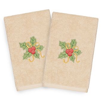 Linum Home Textiles Christmas 2-pack Holly Bunch Embroidered Luxury Turkish Cotton Hand Towels