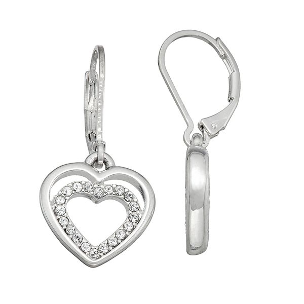 Dana Buchman Silver Tone Double Heart Drop Earrings with Crystals