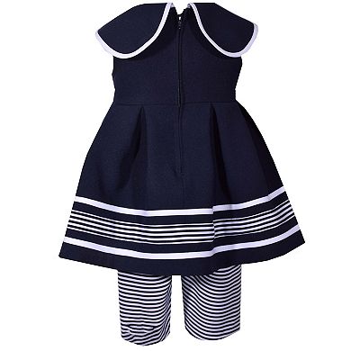 Toddler Girl Bonnie Jean Sleeveless Poplin Nautical Collar to Box Pleat Skirt Dress with Matching Striped Capri Pant