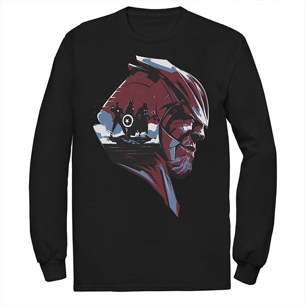 men s marvel avengers endgame thanos head avengers silhouette long sleeve graphic tee men s marvel avengers endgame thanos head avengers silhouette long sleeve graphic tee