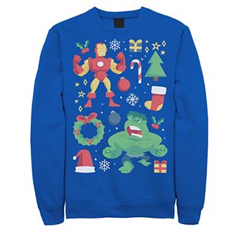 Men's Marvel Avengers Iron Man And Hulk Holiday Collage Graphic Fleece Pullover