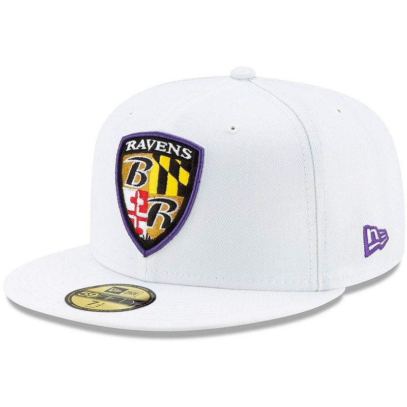Mens New Era White Baltimore Ravens Shield Omaha 59FIFTY Fitted Hat, Size:
