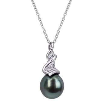 Stella Grace Sterling Silver Tahitian Cultured Pearl & 1/10 Carat T.W. Diamond Drop Pendant Necklace