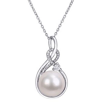 Stella Grace Sterling Silver Freshwater Cultured Pearl, Diamond Accent & Lab-Created White Sapphire Pendant Necklace