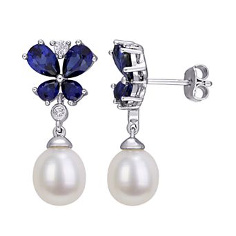 Stella Grace Sterling Silver Freshwater Cultured Pearl & Lab-Created Blue & White Sapphire Butterfly Drop Earrings