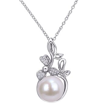 Stella Grace Sterling Silver Freshwater Cultured Pearl & Diamond Accent Floral Pendant Necklace