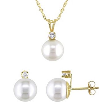 Stella Grace 14k Gold Freshwater Cultured Pearl & 1/6 Carat T.W. Diamond Pendant & Earring Set