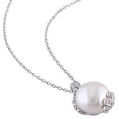 Stella Grace Sterling Silver Freshwater Cultured Pearl & 1/5 Carat T.W. Diamond Pendant & Earring Set