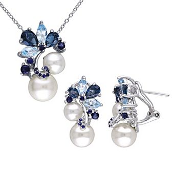 Stella Grace Sterling Silver Freshwater Cultured Pearl & Blue Topaz Pendant & Earring Set