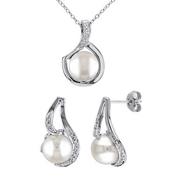 Stella Grace Sterling Silver Freshwater Cultured Pearl & 1/10 Carat T.W. Diamond Pendant & Earring Set