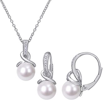 Stella Grace Sterling Silver Freshwater Cultured Pearl & 1/10 Carat T.W. Diamond Pendant & Earring Set