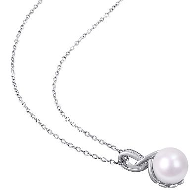 Stella Grace Sterling Silver Freshwater Cultured Pearl & 1/10 Carat T.W. Diamond Pendant & Earring Set