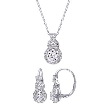 Stella Grace Sterling Silver Lab-Created White Sapphire Halo Pendant Necklace & Earring Set