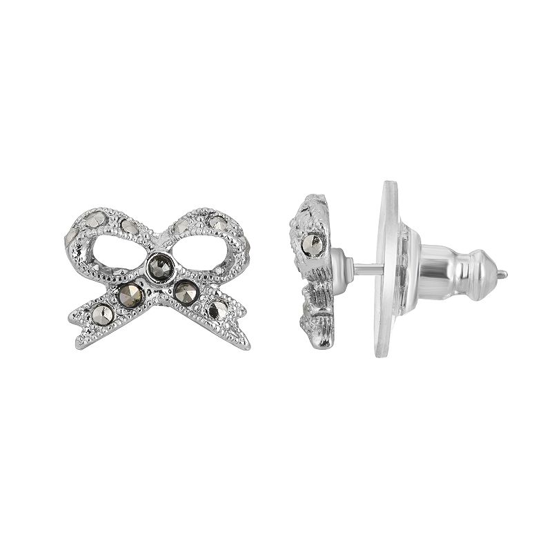 1928 Silver-Tone Marcasite Bow Stud Earrings, Womens