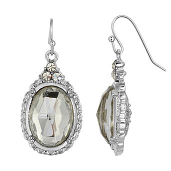1928 Silver-Tone Crystal Oval Drop Earrings