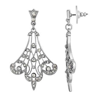 1928 Silver-Tone Crystal Fan Filigree Drop Earrings