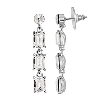 1928 Silver Tone Crystal Post Drop Earrings