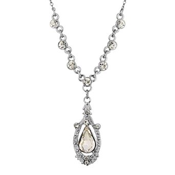 1928 Silver-Tone Crystal Suspended Teardrop Necklace