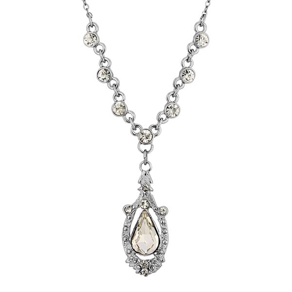 1928 Silver-Tone Crystal Suspended Teardrop Necklace
