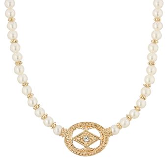 1928 Gold-Tone Costume Pearl & Crystal Pendant Necklace