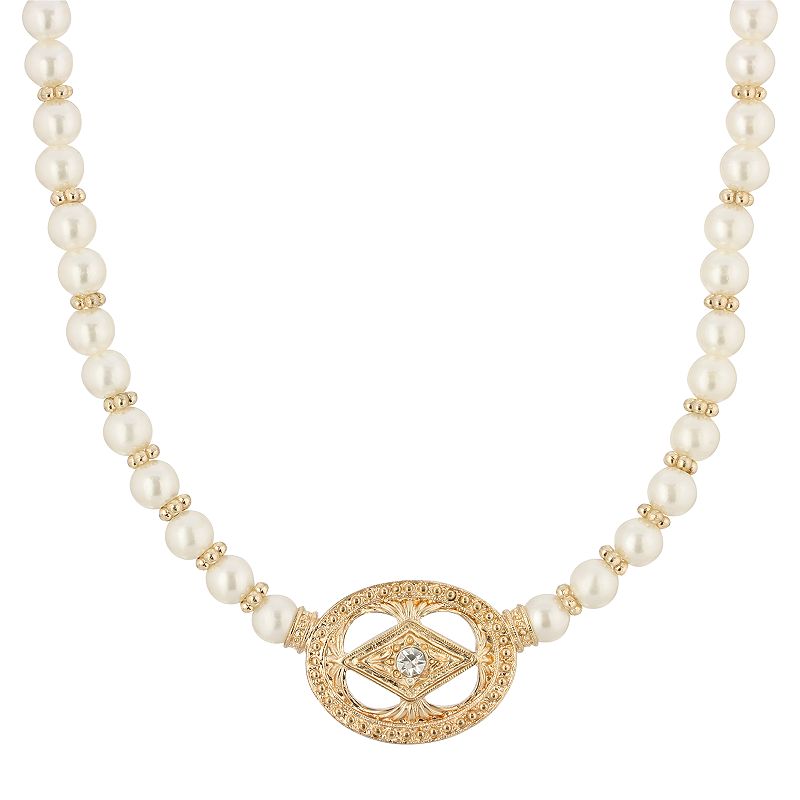 1928 Gold-Tone Costume Pearl & Crystal Pendant Necklace, Womens, White
