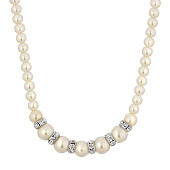 1928 Silver-Tone Graduated Simulated Pearl & Crystal Necklace