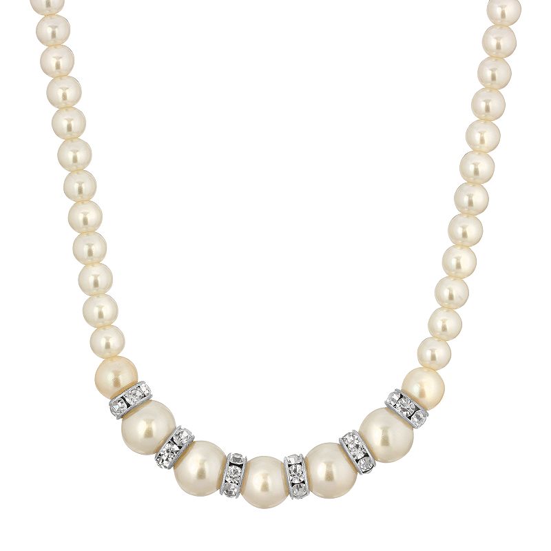 1928 Silver-Tone Graduated Simulated Pearl & Crystal Necklace, Womens, Whi