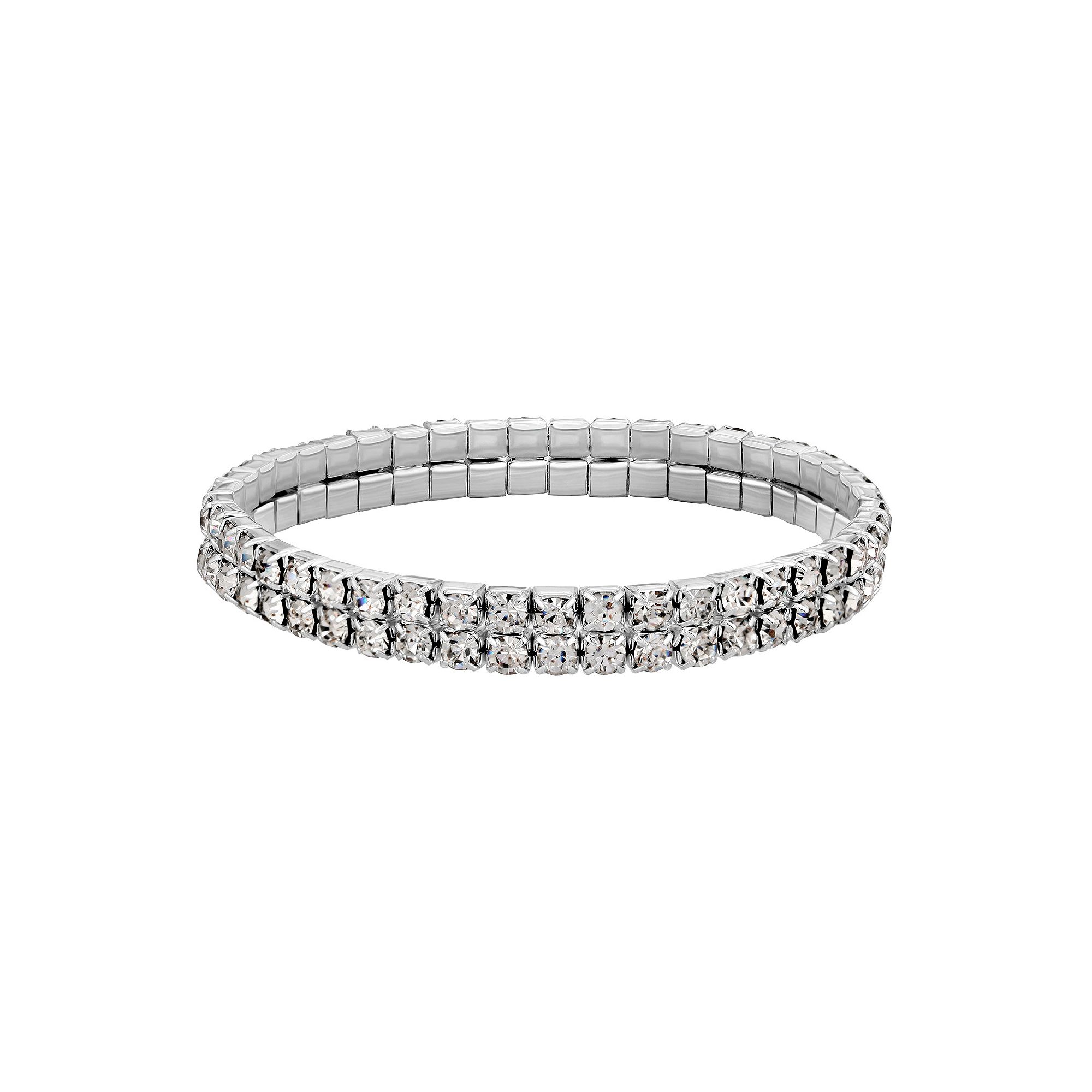 1928 Silver-Tone Clear Crystal Two-Row Rhinestone Stretch Bracelet, Womens