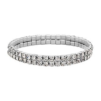 1928 Silver-Tone Clear Crystal Two-Row Rhinestone Stretch Bracelet