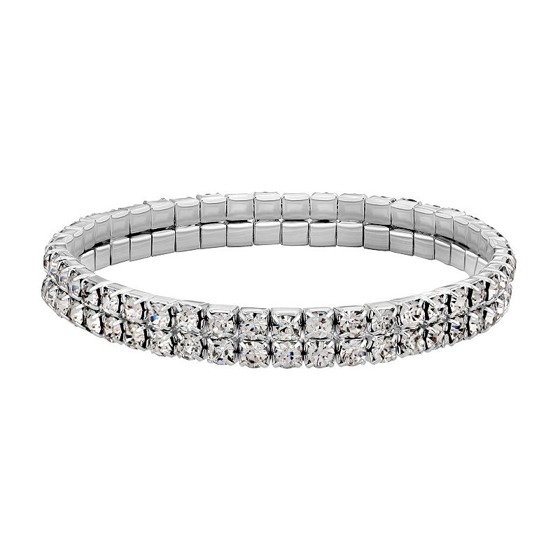 1928 Silver-Tone Clear Crystal Two-Row Rhinestone Stretch Bracelet, Womens