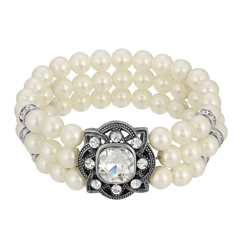 1928 Silver-Tone Three Row Pearl & Crystal Stretch Bracelet, Womens, White