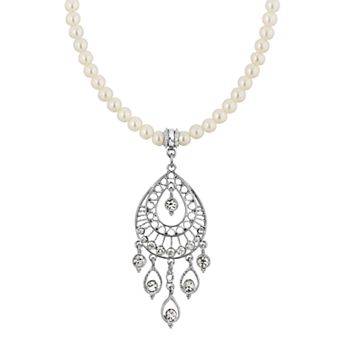 1928 Silver-Tone Crystal Filigree Drop on Pearl Necklace