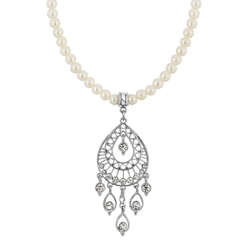 1928 Silver-Tone Crystal Filigree Drop on Pearl Necklace, Womens, White