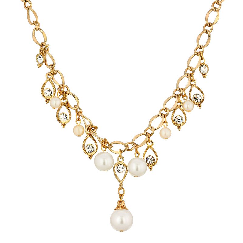 1928 Gold-Tone Crystal Pearl Drop Necklace, Womens, White
