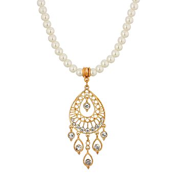 1928 Gold-Tone Crystal Filigree Drop Pearl Necklace