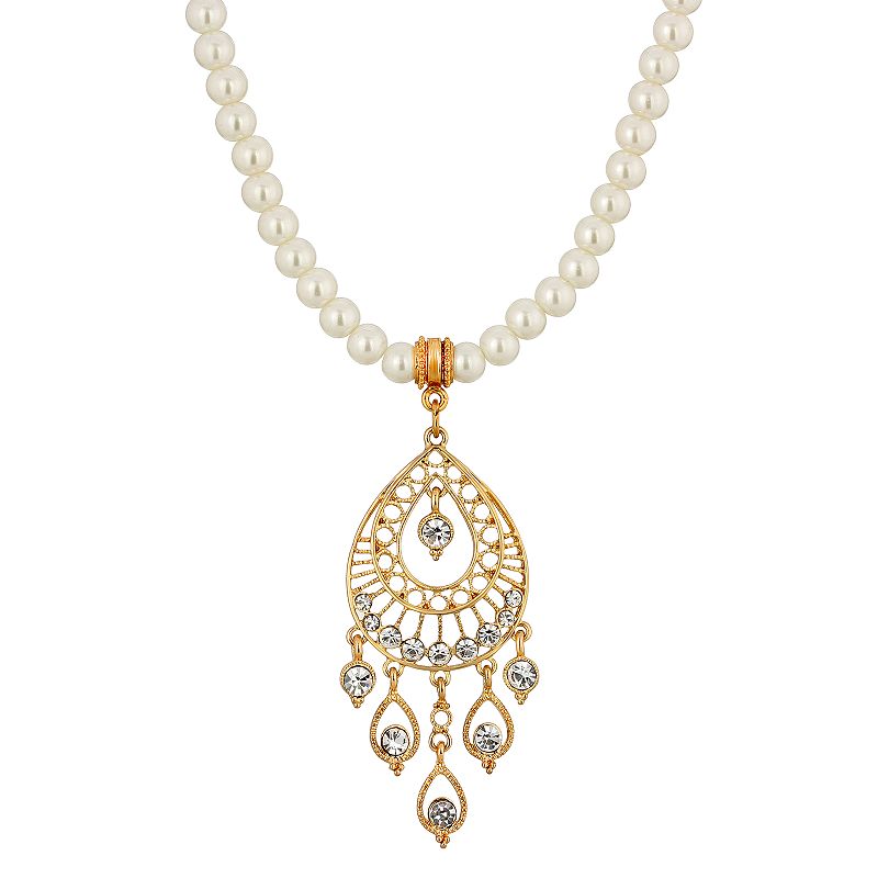 1928 Gold-Tone Crystal Filigree Drop Pearl Necklace, Womens, White
