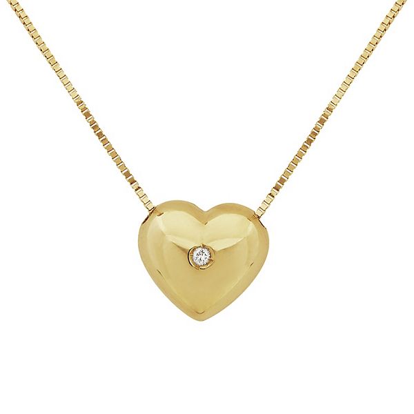 14K Yellow Gold Puff Heart Pendant Necklace with Diamond Star