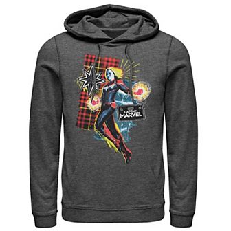 Men's Marvel Captain Marvel Plaid Jean Patched Portrait Pullover Hoodie