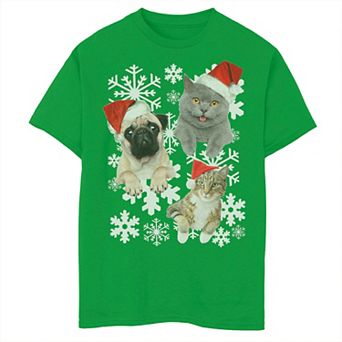 Boys 8-20 Pug Kitten Tongue Out Santa Hat Holiday Graphic Tee