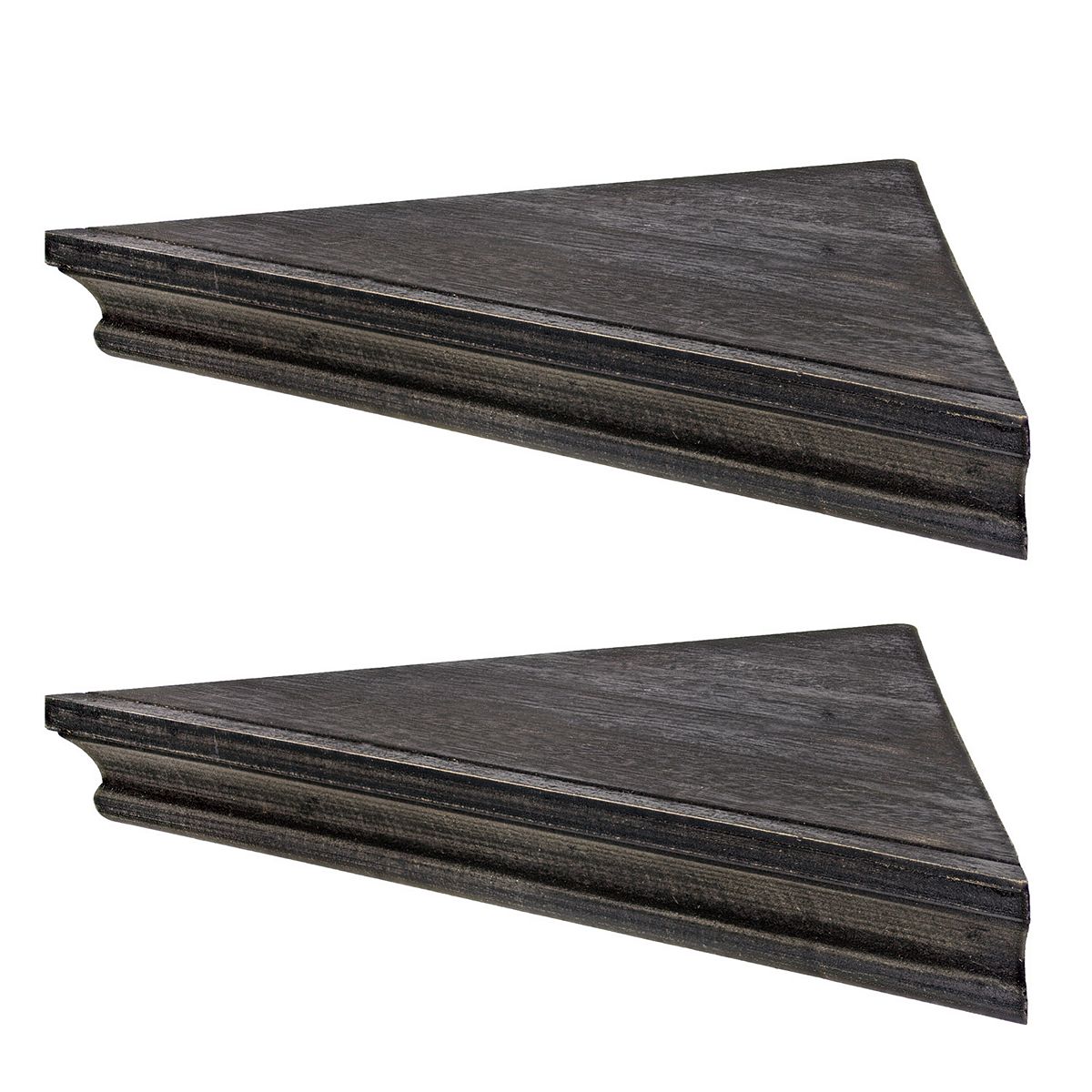 Two rustic dark wood floating corner shelves with indented front lip