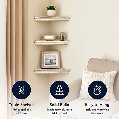 American Art Décor Whitewash Floating Corner Wall Shelf 3-piece Set