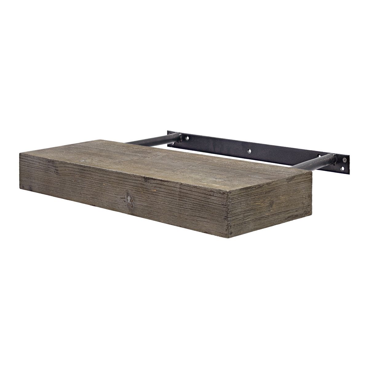 Rustic wood floating shelf mounted with metal supports