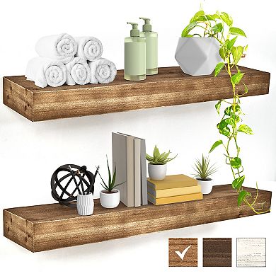 American Art Décor Large Walnut Brown Rustic Wood Floating Wall Shelf