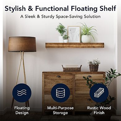 American Art Décor Large Walnut Brown Rustic Wood Floating Wall Shelf