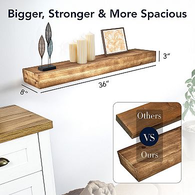 American Art Décor Large Walnut Brown Rustic Wood Floating Wall Shelf