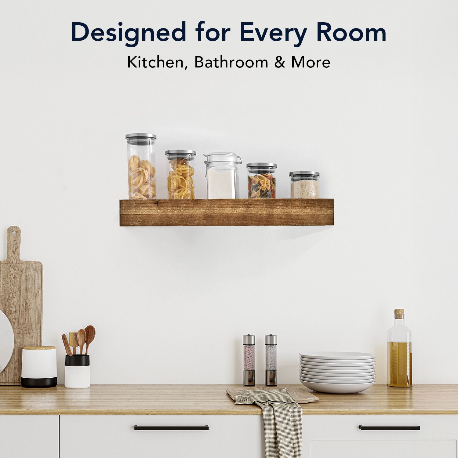 Rustic wood floating shelf holding jars and decor
