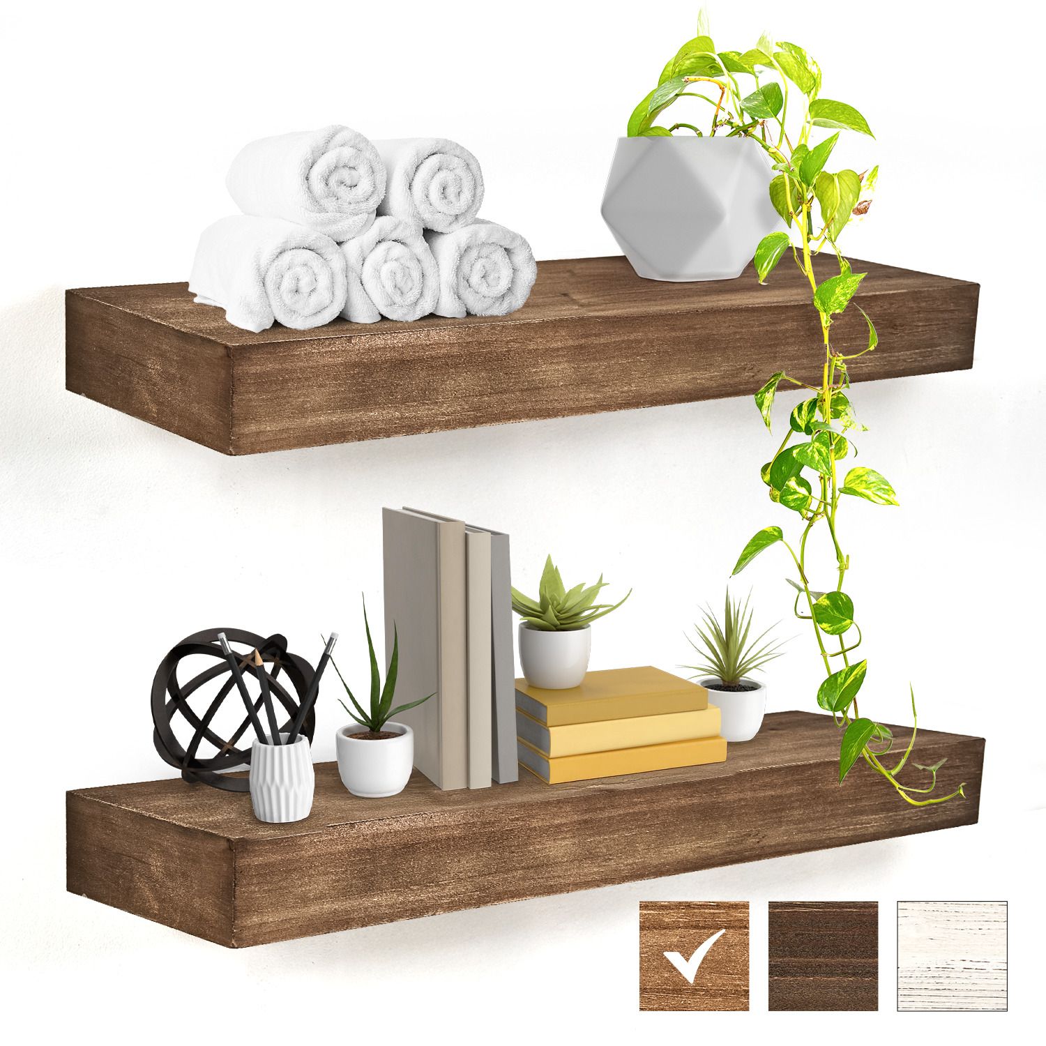 Rustic wood floating shelf with towels, plant, and decor